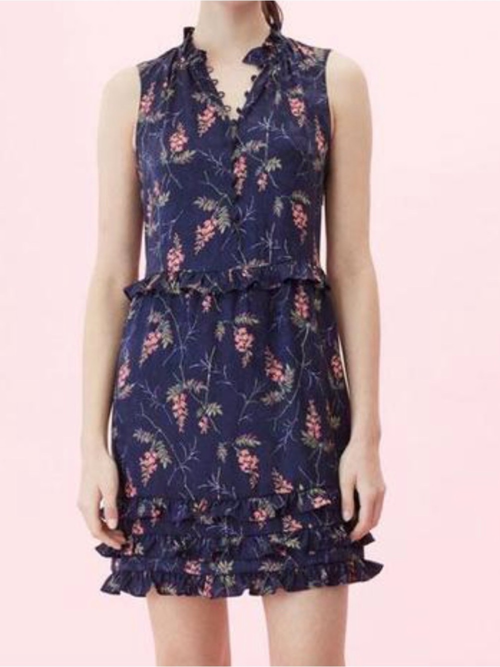 Rebecca Taylor Ivie Fleur Silk-Blend Ruffle Dress Sz 2 in Navy